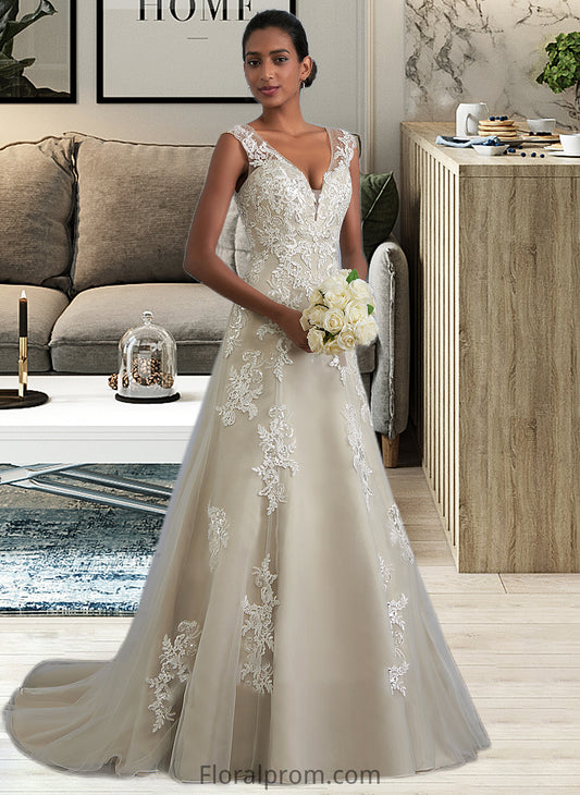 Catherine A-Line V-neck Court Train Tulle Lace Wedding Dress With Beading Sequins HJP0013709