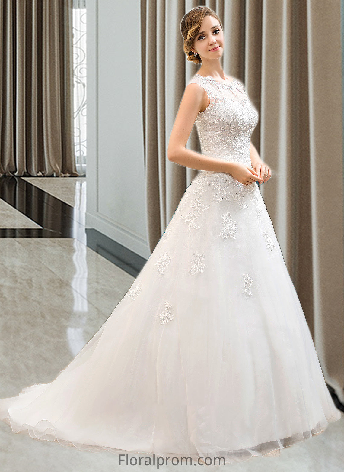 Undine Ball-Gown/Princess Illusion Sweep Train Organza Tulle Wedding Dress With Beading Sequins HJP0013719