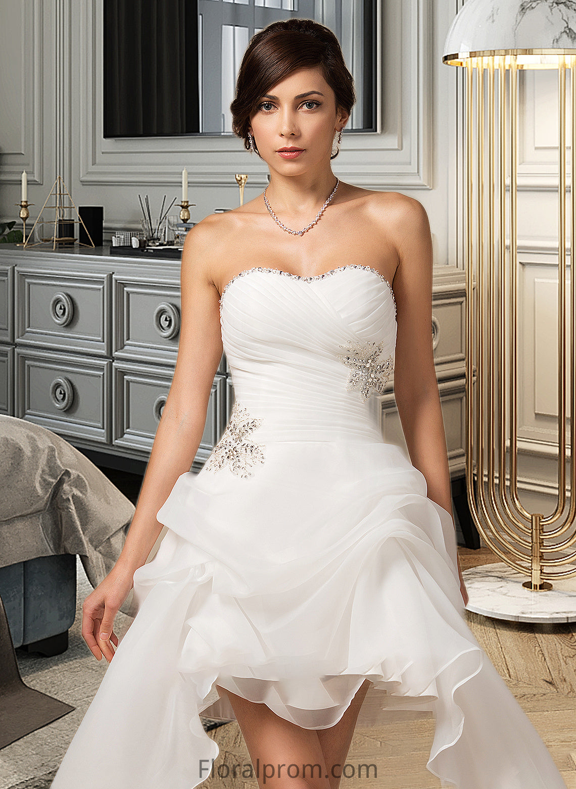 Akira A-Line Sweetheart Asymmetrical Organza Wedding Dress With Ruffle Beading Sequins HJP0013733