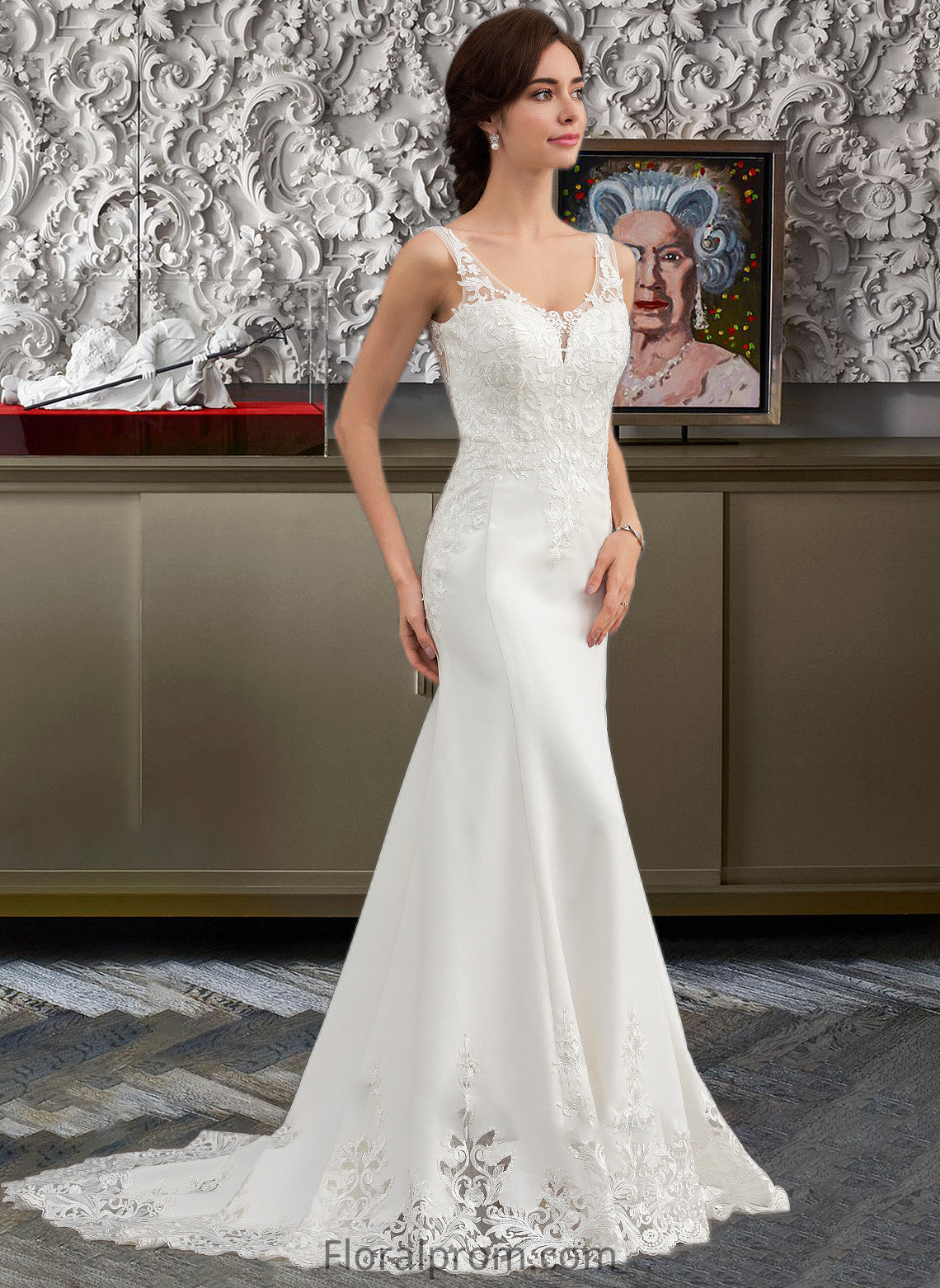 Jazlyn Trumpet/Mermaid V-neck Court Train Lace Stretch Crepe Wedding Dress With Sequins HJP0013738