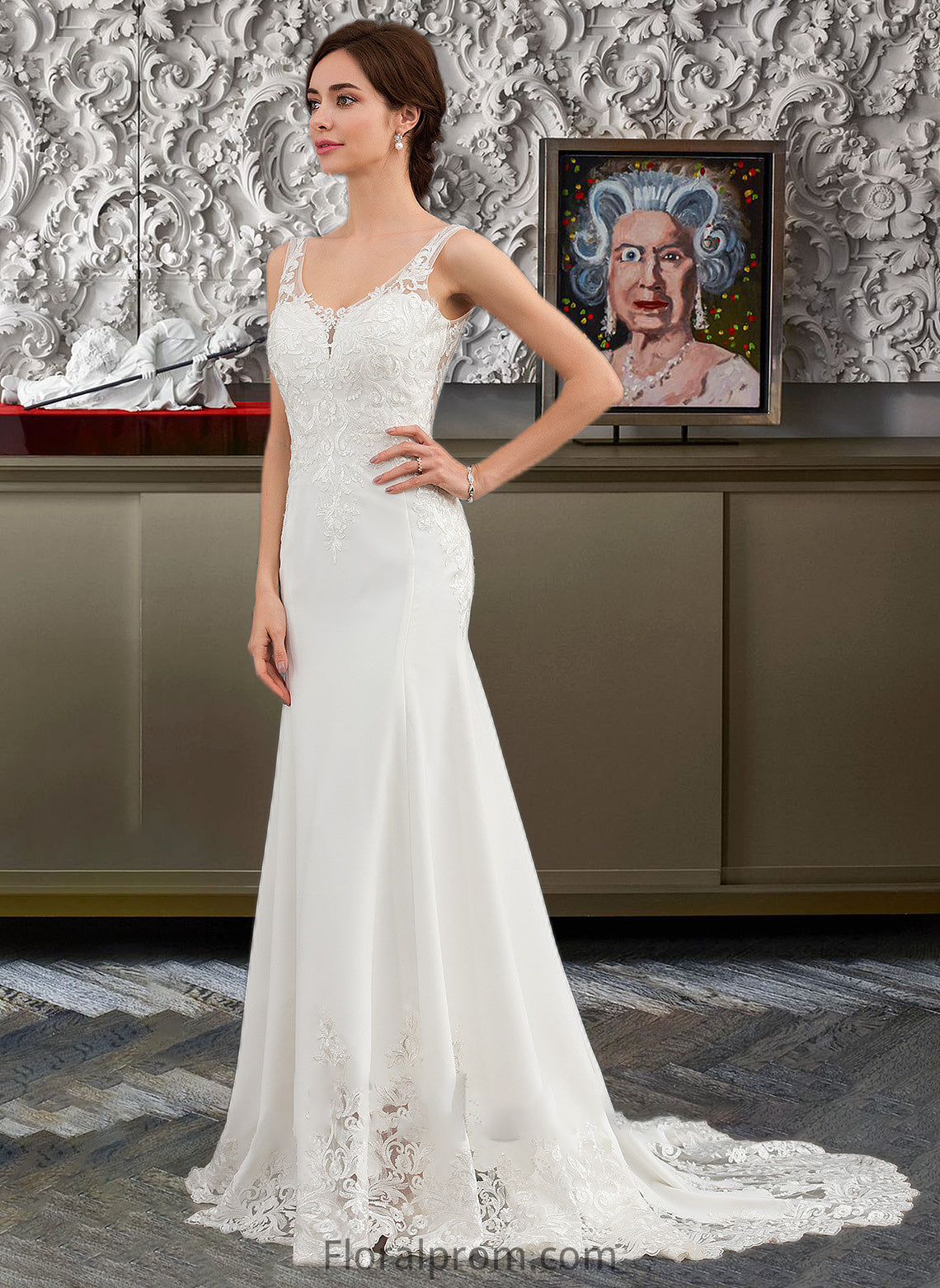 Jazlyn Trumpet/Mermaid V-neck Court Train Lace Stretch Crepe Wedding Dress With Sequins HJP0013738