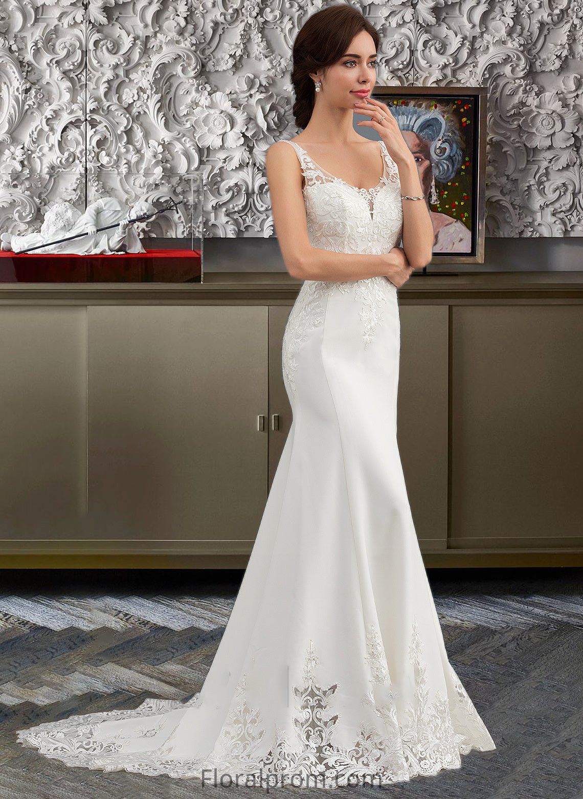 Jazlyn Trumpet/Mermaid V-neck Court Train Lace Stretch Crepe Wedding Dress With Sequins HJP0013738