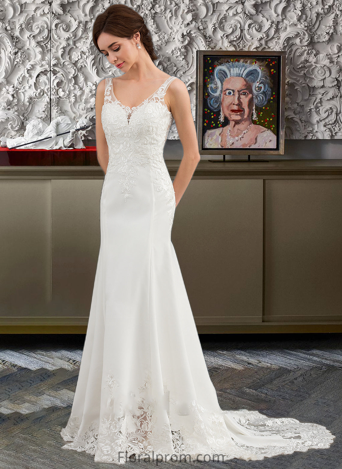 Jazlyn Trumpet/Mermaid V-neck Court Train Lace Stretch Crepe Wedding Dress With Sequins HJP0013738