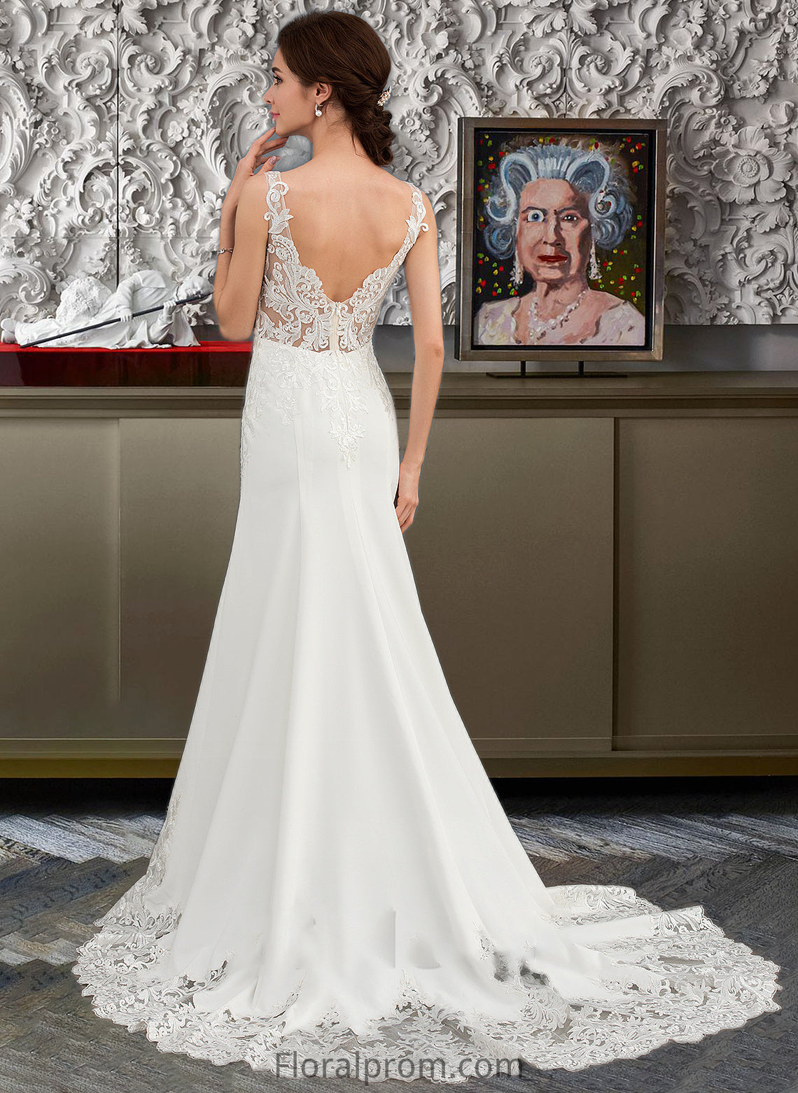 Jazlyn Trumpet/Mermaid V-neck Court Train Lace Stretch Crepe Wedding Dress With Sequins HJP0013738