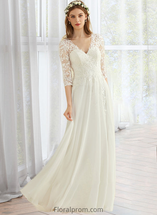 Melissa A-Line V-neck Floor-Length Chiffon Lace Wedding Dress HJP0013745