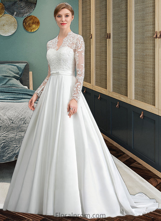 Norma Ball-Gown/Princess V-neck Court Train Satin Wedding Dress With Bow(s) HJP0013746