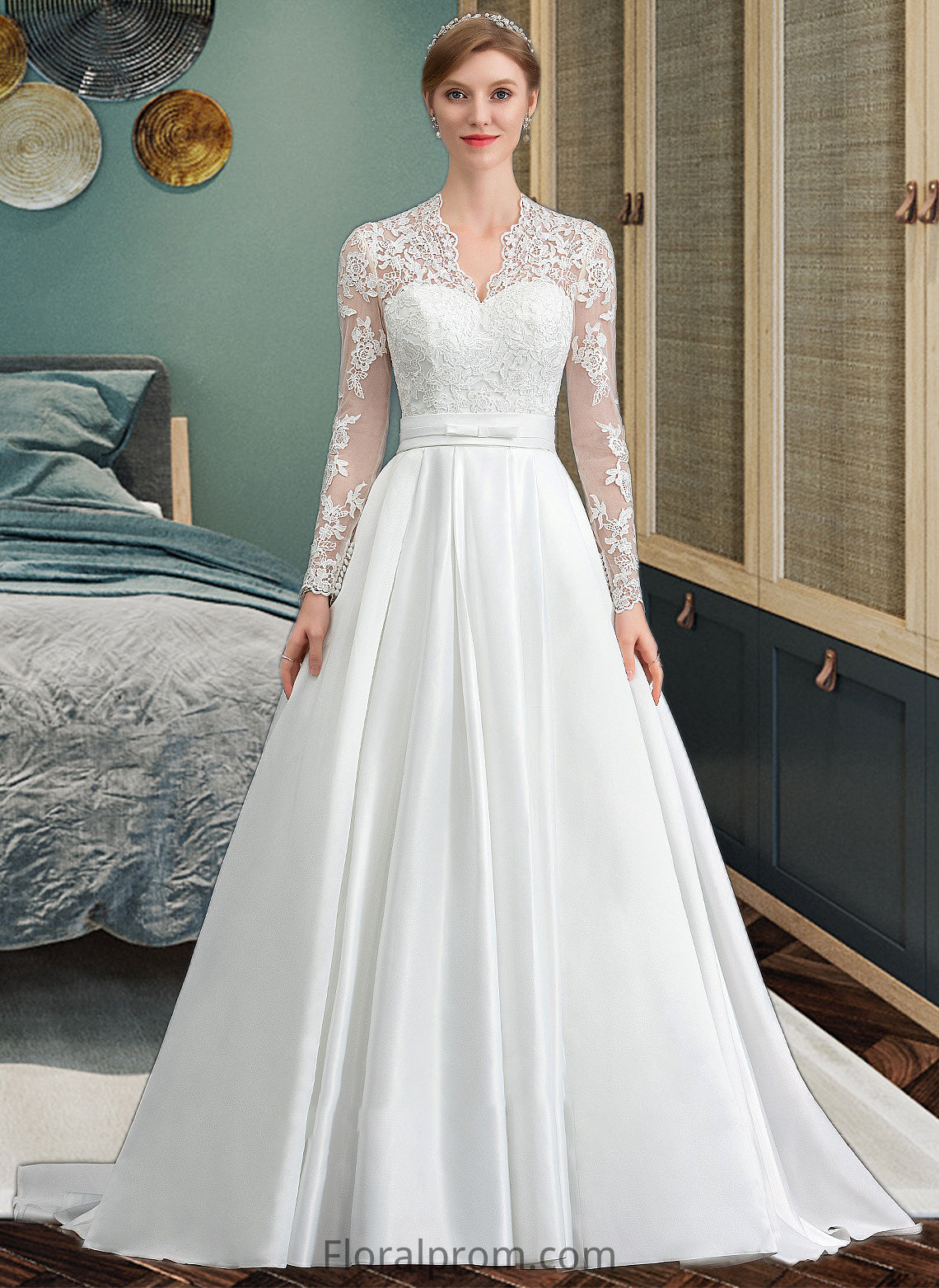 Norma Ball-Gown/Princess V-neck Court Train Satin Wedding Dress With Bow(s) HJP0013746