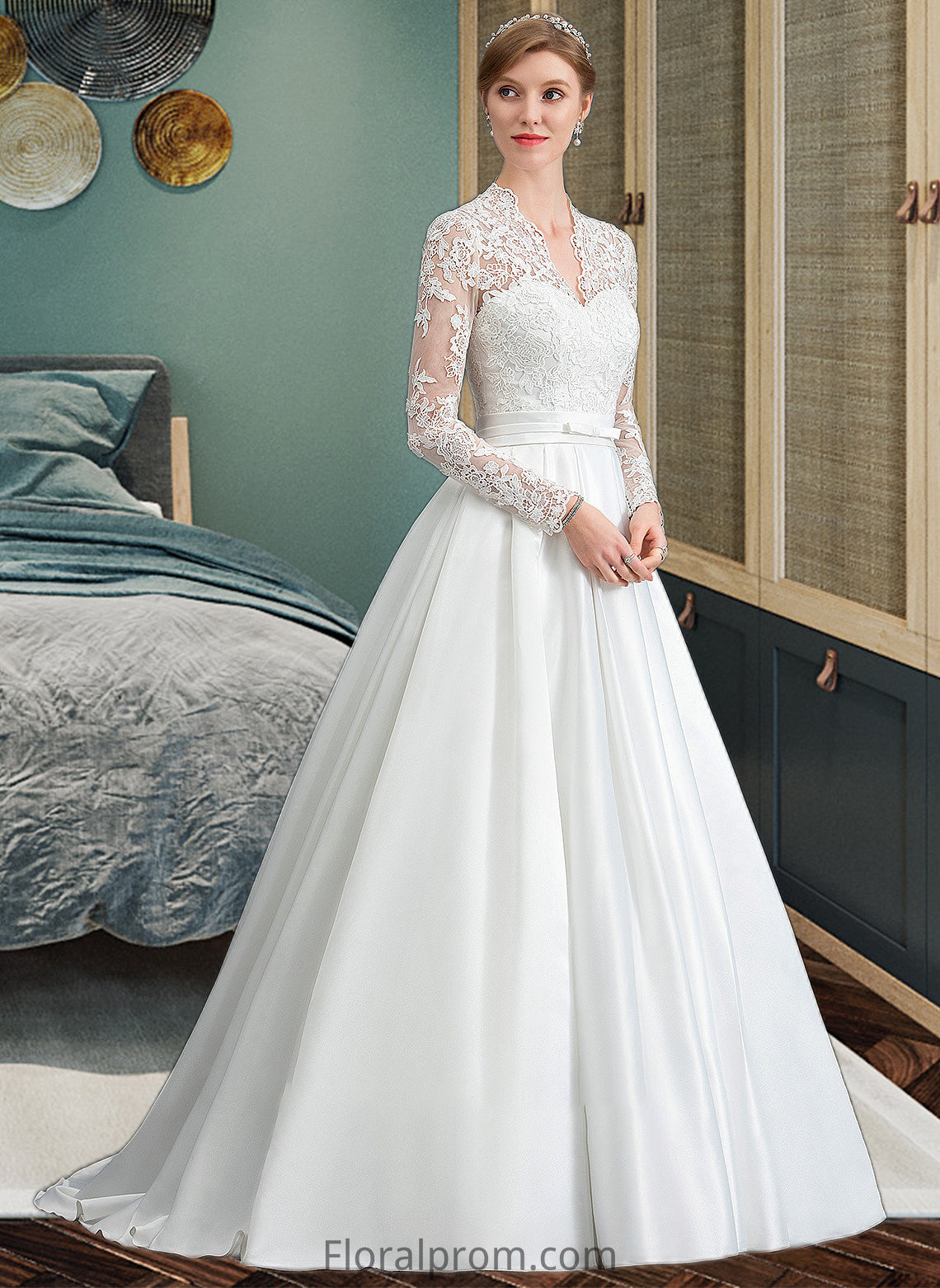 Norma Ball-Gown/Princess V-neck Court Train Satin Wedding Dress With Bow(s) HJP0013746