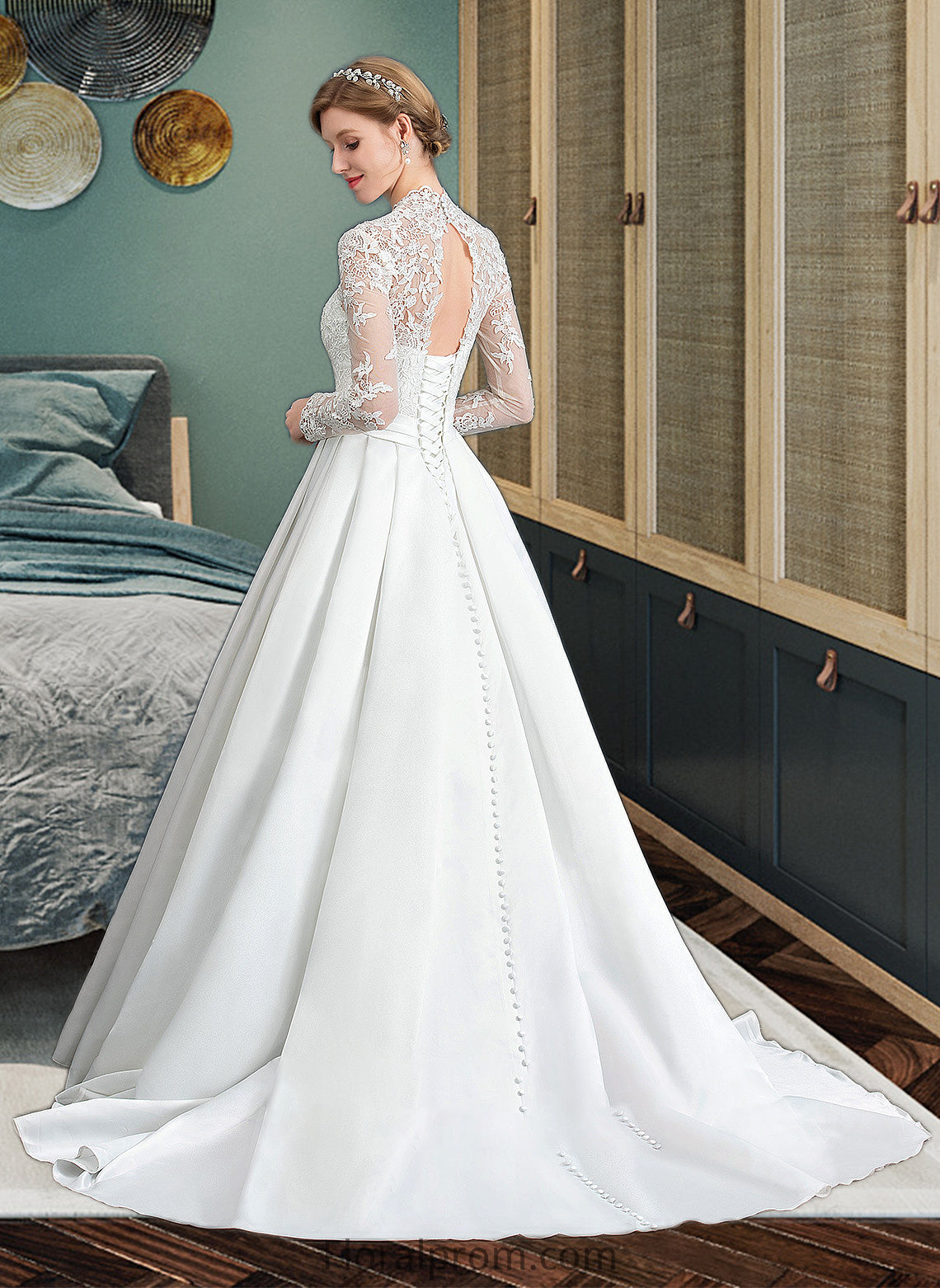 Norma Ball-Gown/Princess V-neck Court Train Satin Wedding Dress With Bow(s) HJP0013746