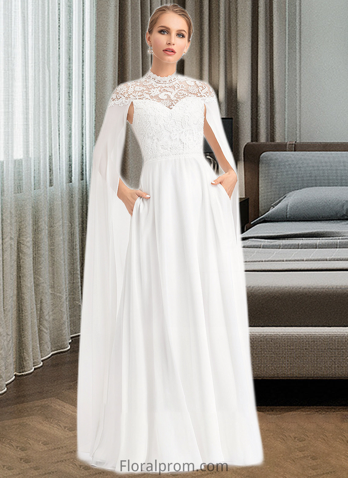 Mignon A-Line High Neck Floor-Length Chiffon Wedding Dress HJP0013748