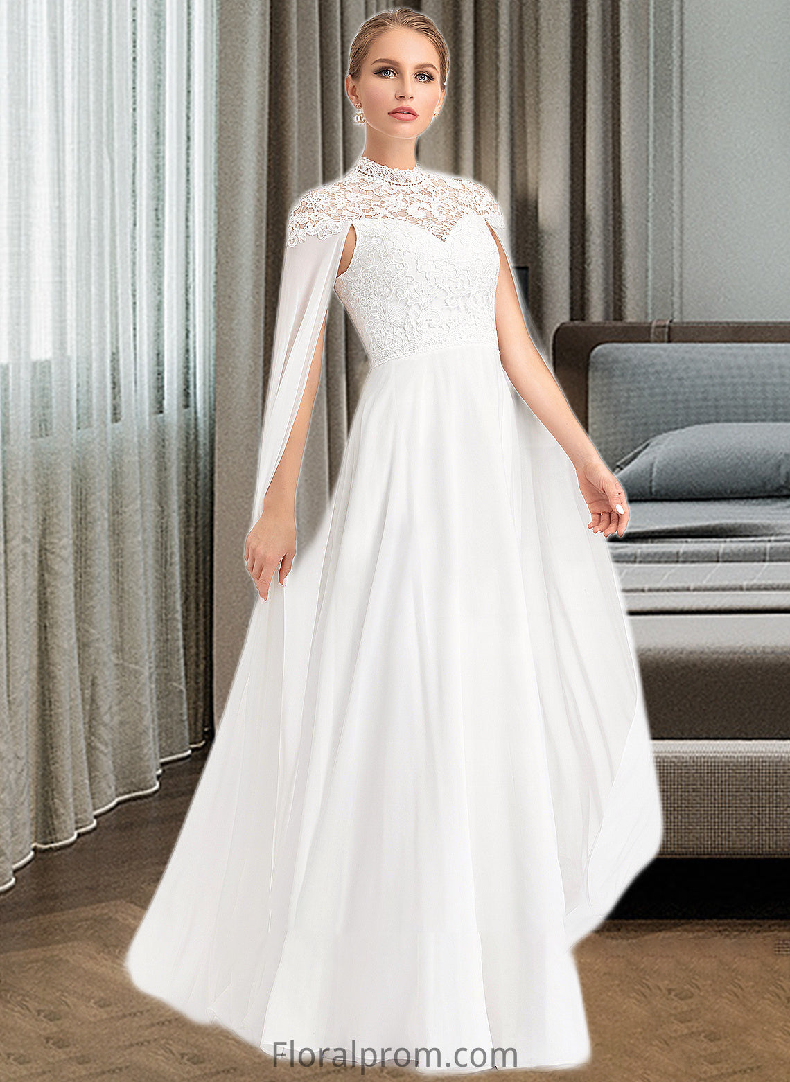 Mignon A-Line High Neck Floor-Length Chiffon Wedding Dress HJP0013748