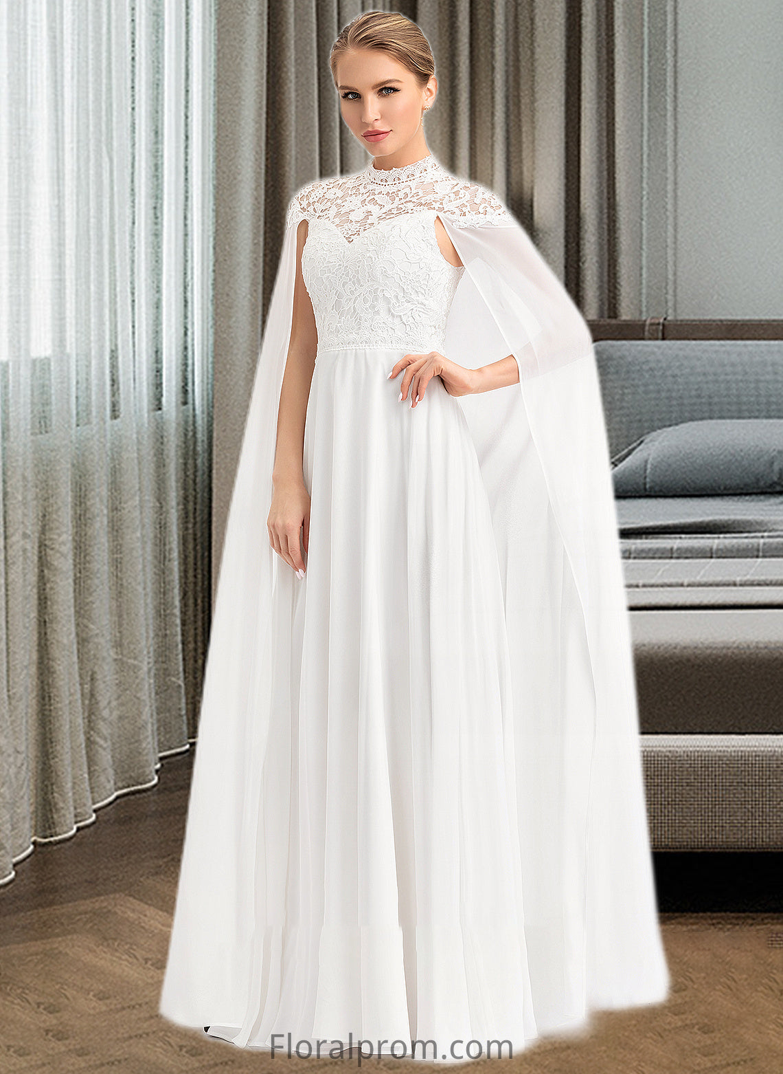 Mignon A-Line High Neck Floor-Length Chiffon Wedding Dress HJP0013748