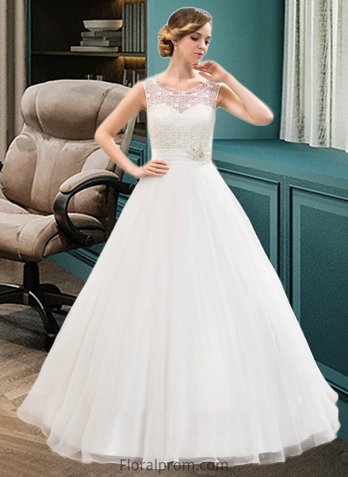 Victoria Ball-Gown/Princess Scoop Neck Sweep Train Organza Lace Wedding Dress With Beading Sequins HJP0013751