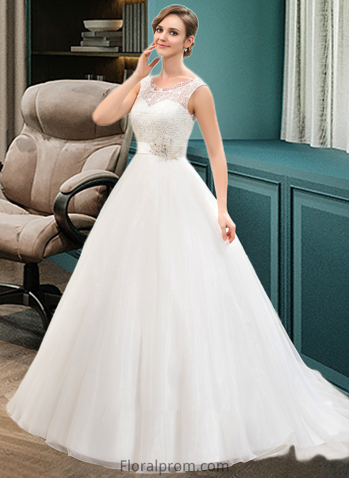 Victoria Ball-Gown/Princess Scoop Neck Sweep Train Organza Lace Wedding Dress With Beading Sequins HJP0013751