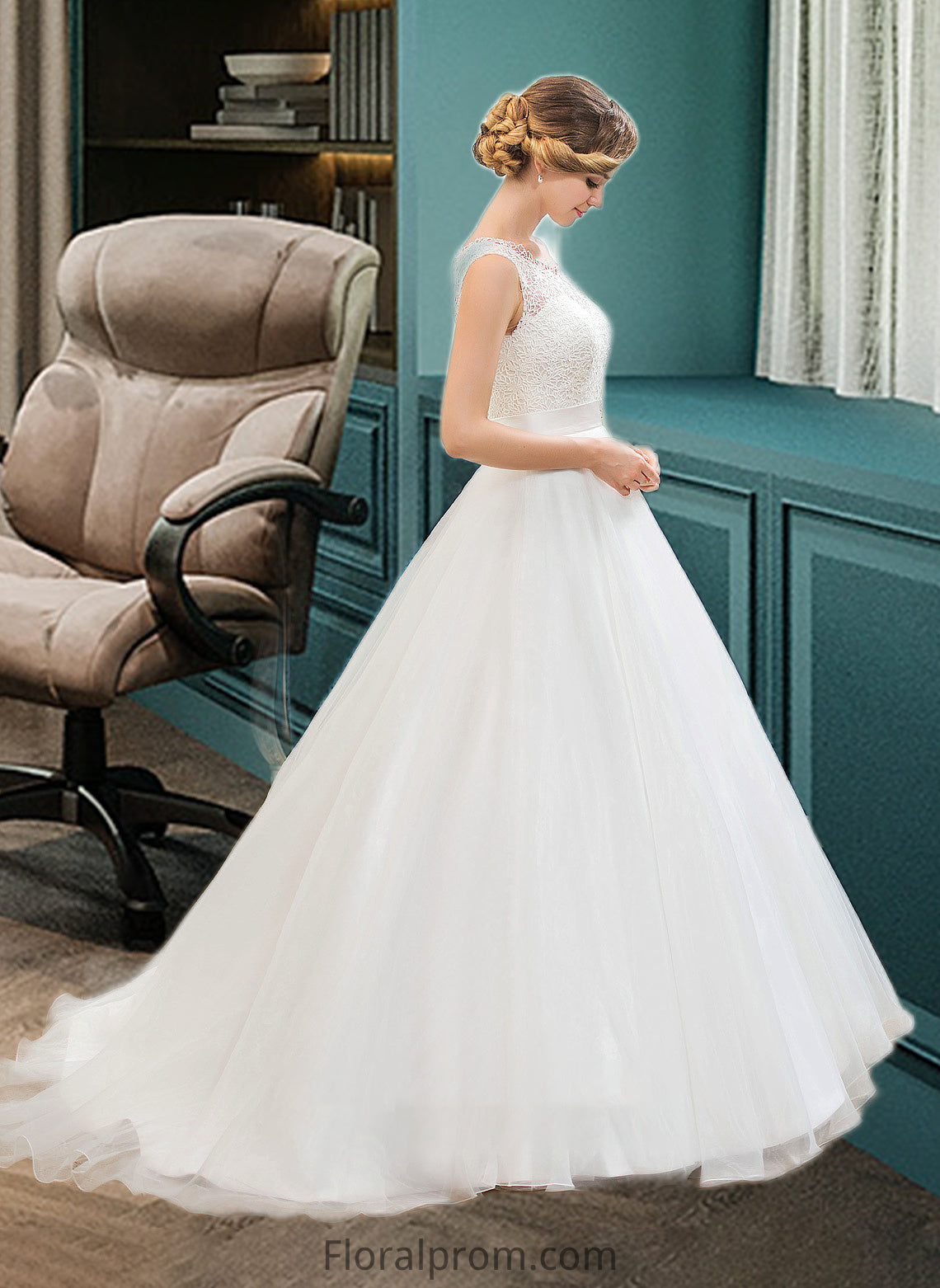 Victoria Ball-Gown/Princess Scoop Neck Sweep Train Organza Lace Wedding Dress With Beading Sequins HJP0013751