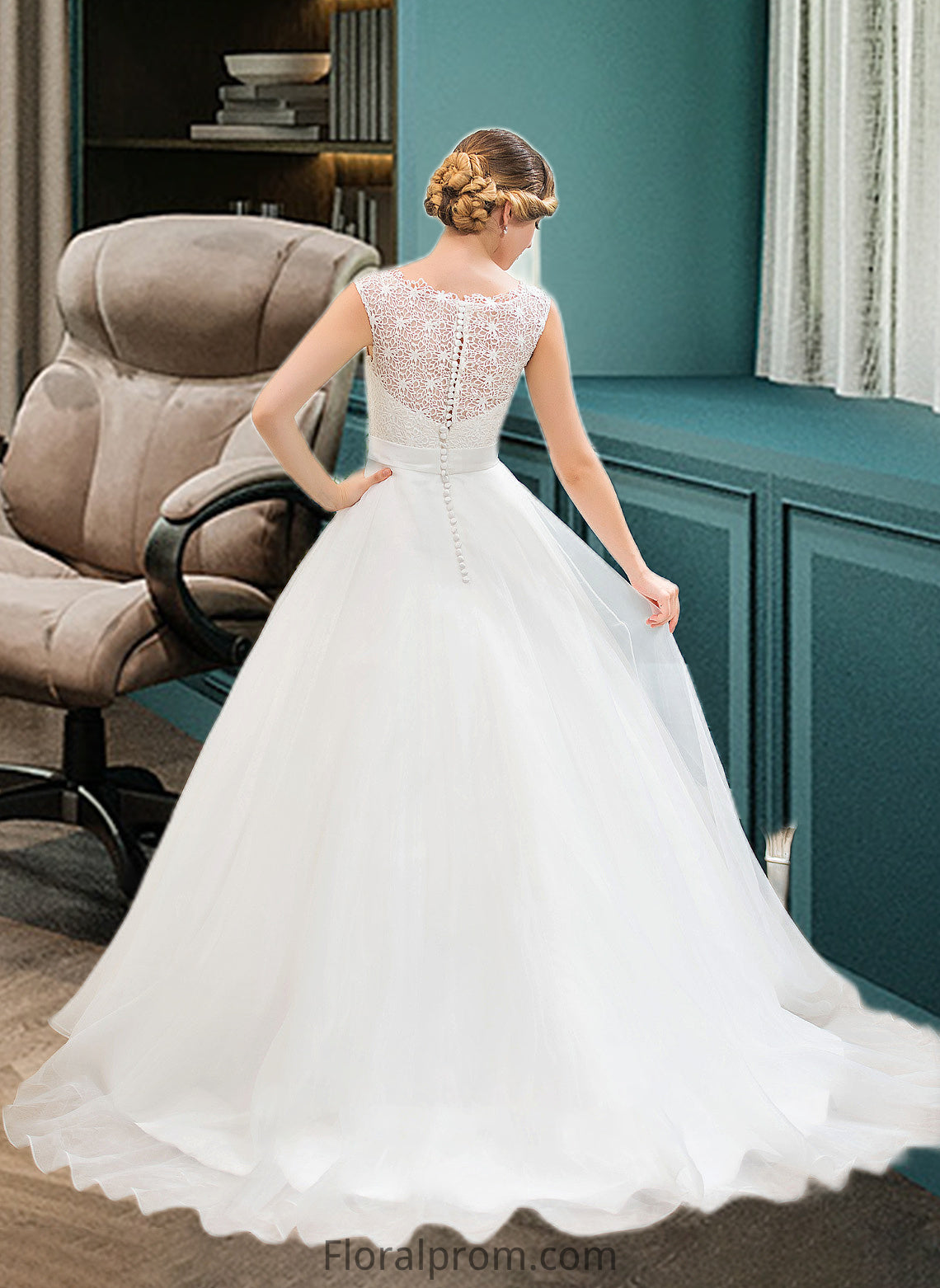 Victoria Ball-Gown/Princess Scoop Neck Sweep Train Organza Lace Wedding Dress With Beading Sequins HJP0013751