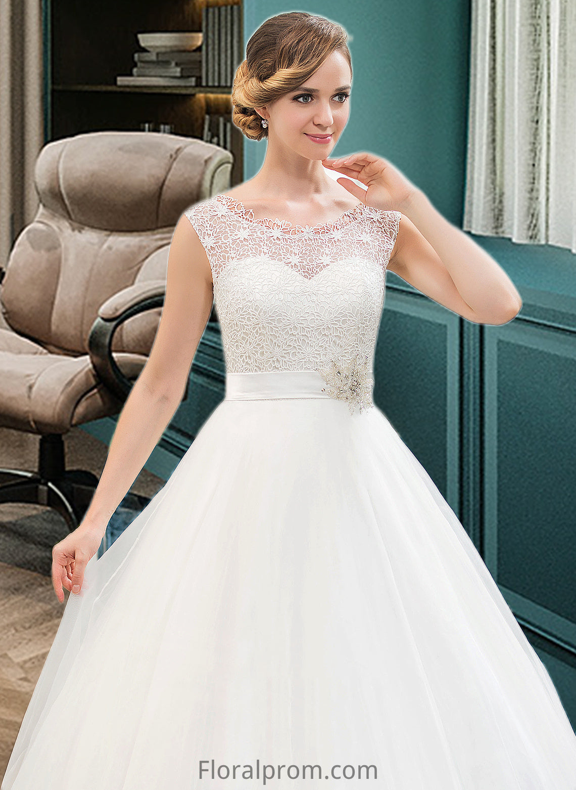 Victoria Ball-Gown/Princess Scoop Neck Sweep Train Organza Lace Wedding Dress With Beading Sequins HJP0013751