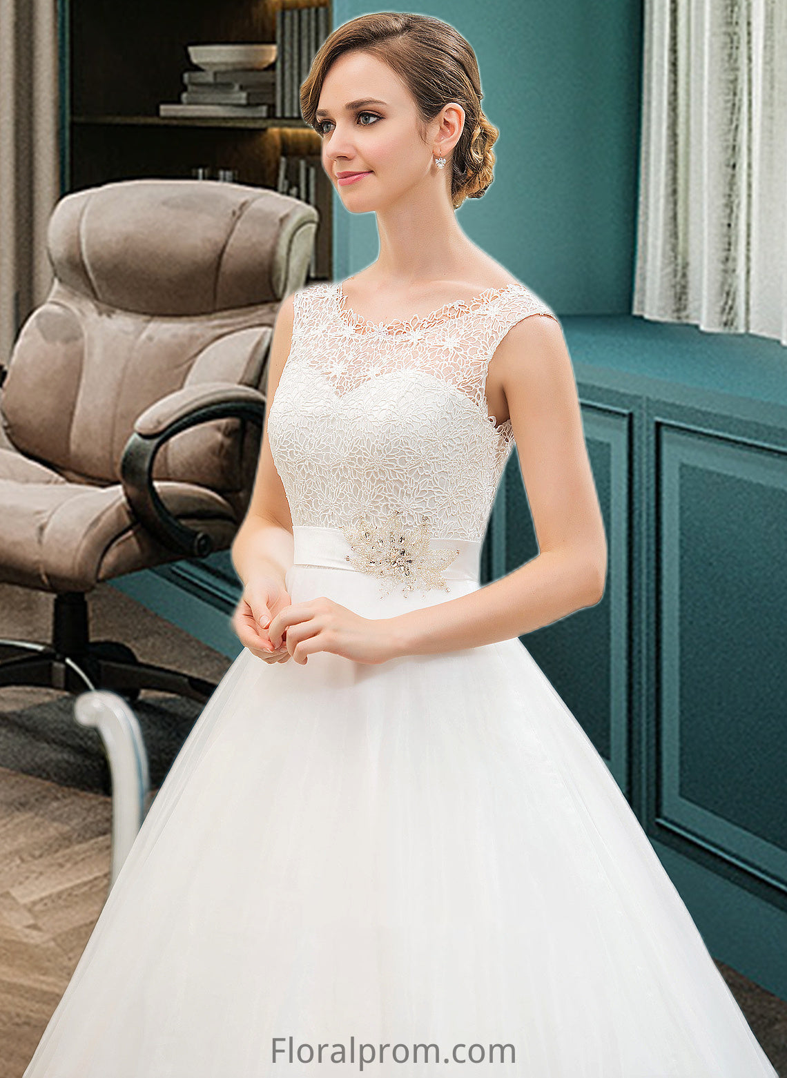 Victoria Ball-Gown/Princess Scoop Neck Sweep Train Organza Lace Wedding Dress With Beading Sequins HJP0013751