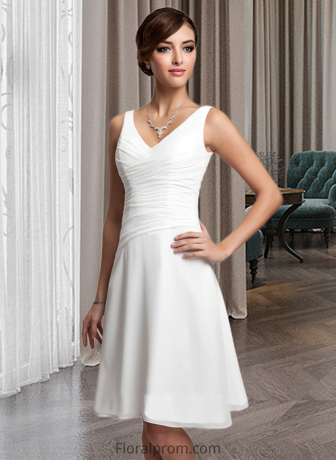 Janiyah A-Line V-neck Knee-Length Chiffon Wedding Dress With Ruffle Beading Sequins HJP0013752