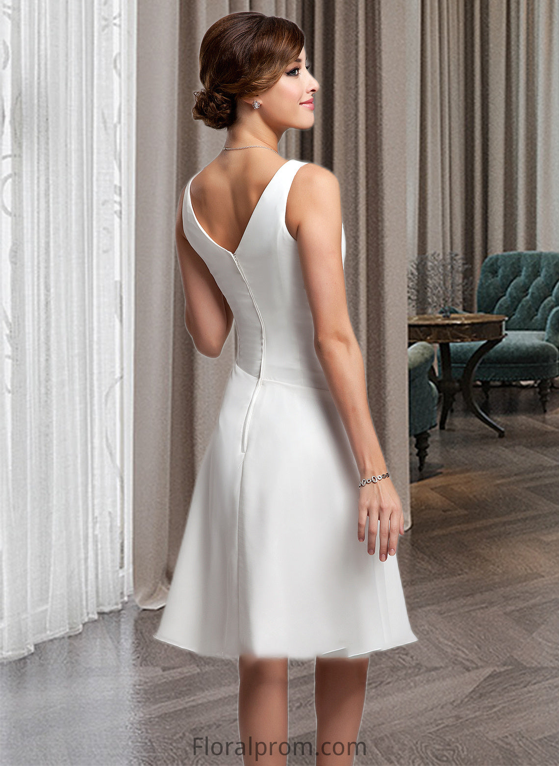 Janiyah A-Line V-neck Knee-Length Chiffon Wedding Dress With Ruffle Beading Sequins HJP0013752