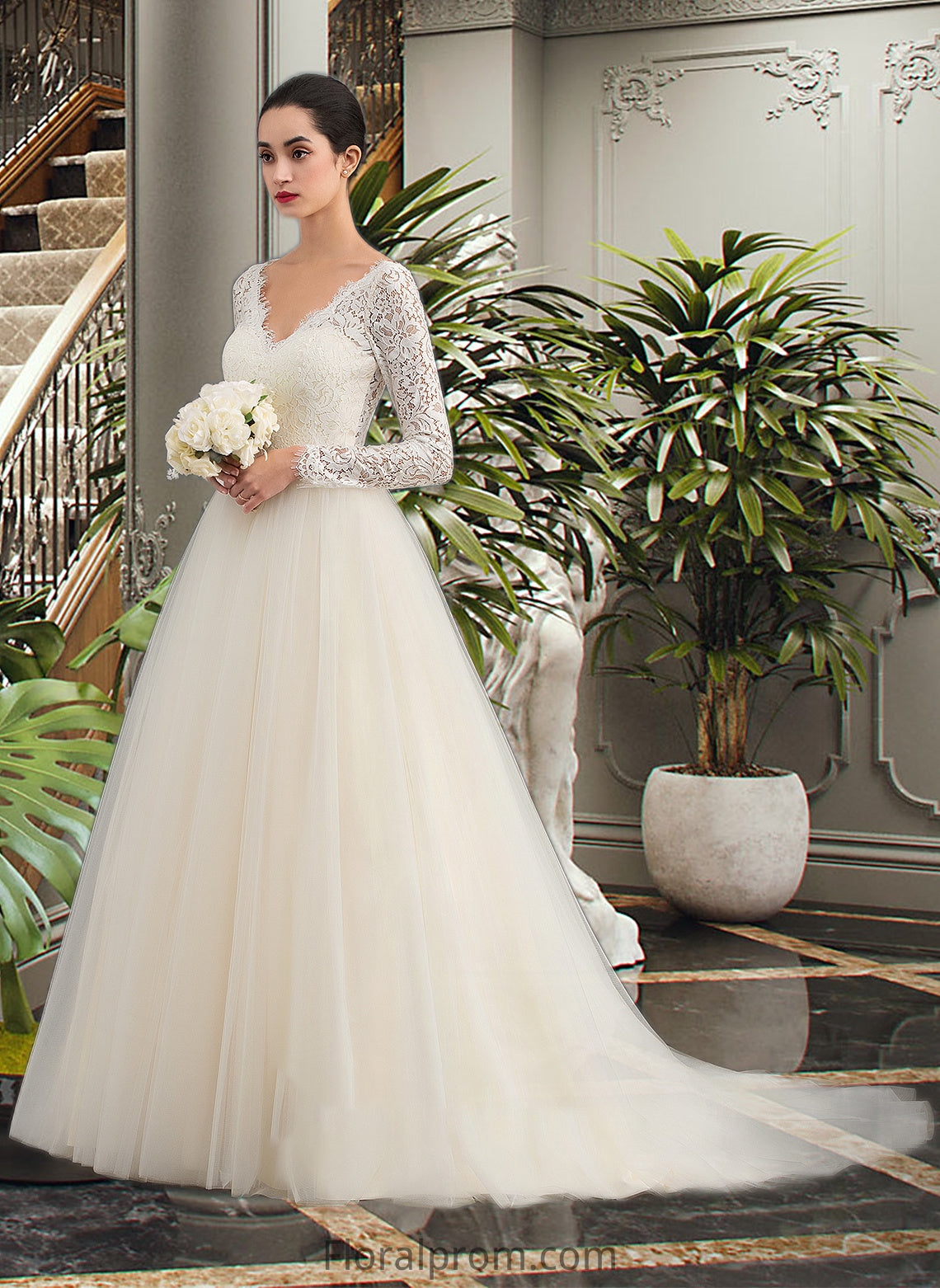 Michelle Ball-Gown/Princess V-neck Court Train Tulle Lace Wedding Dress HJP0013756