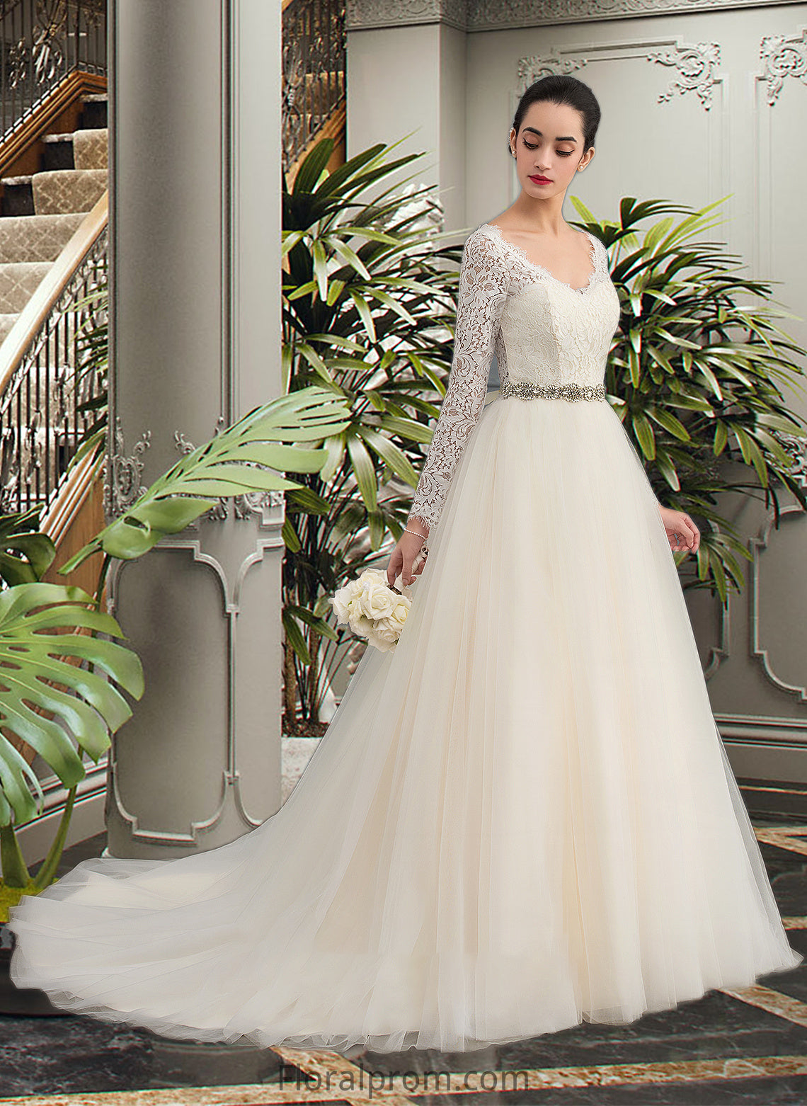 Michelle Ball-Gown/Princess V-neck Court Train Tulle Lace Wedding Dress HJP0013756