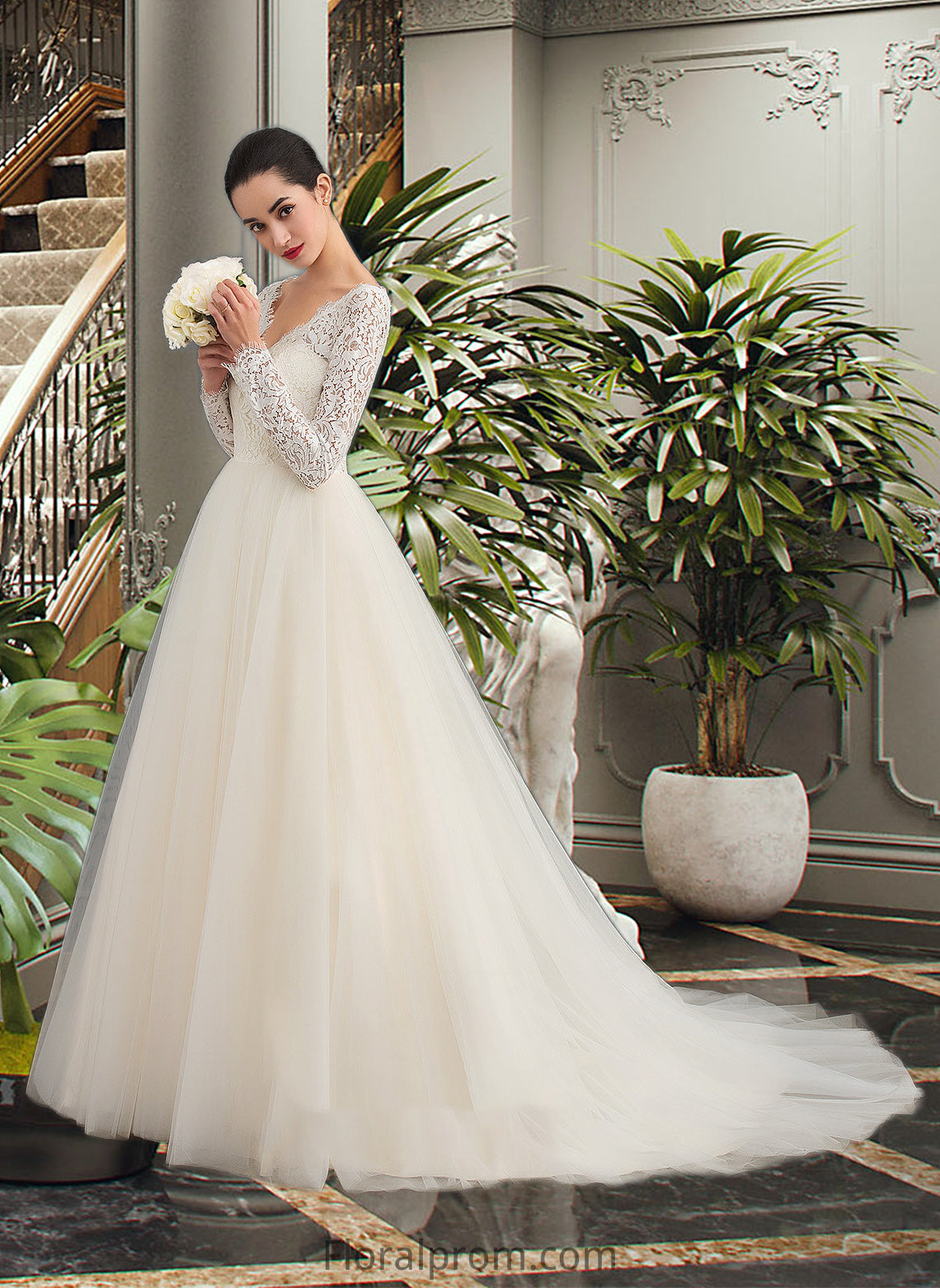 Michelle Ball-Gown/Princess V-neck Court Train Tulle Lace Wedding Dress HJP0013756