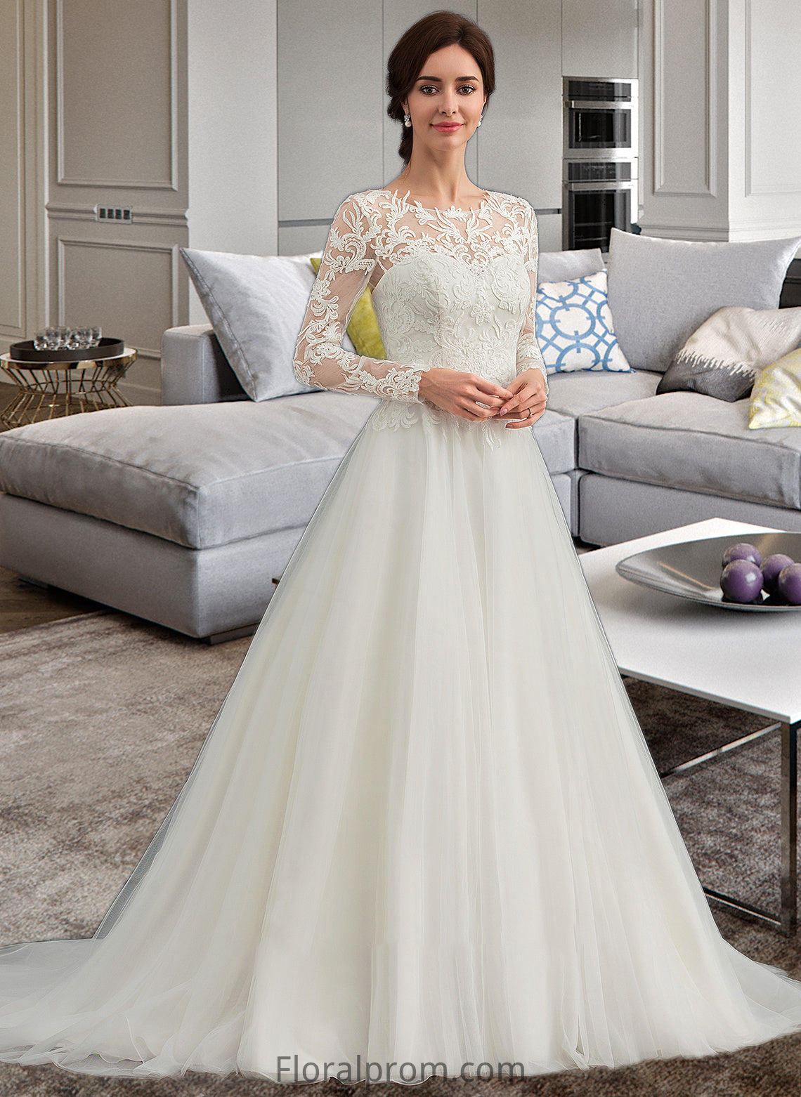 Katherine Ball-Gown/Princess Scoop Neck Sweep Train Tulle Wedding Dress HJP0013759