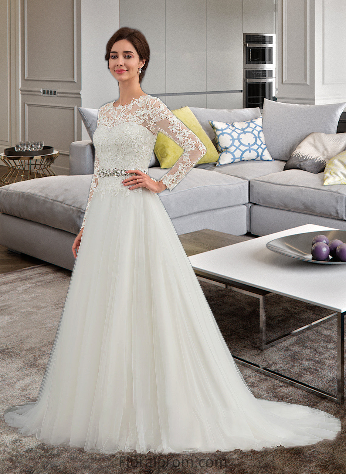 Katherine Ball-Gown/Princess Scoop Neck Sweep Train Tulle Wedding Dress HJP0013759