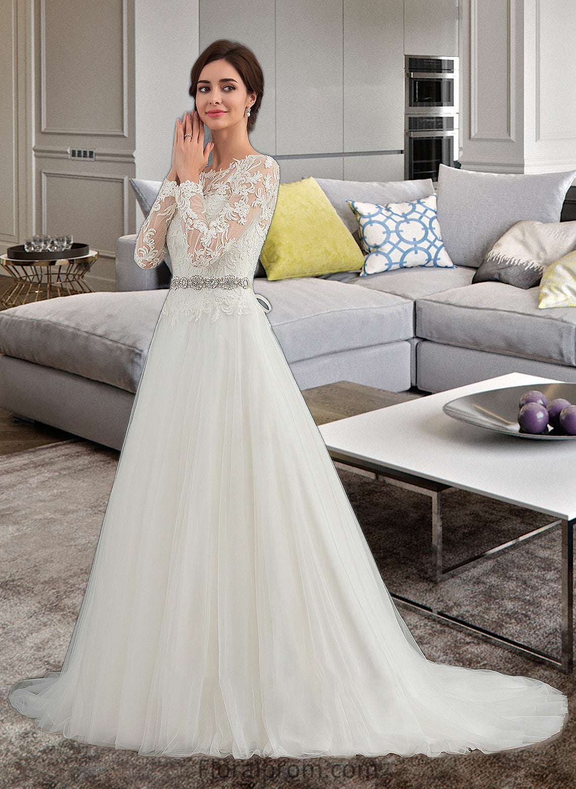 Katherine Ball-Gown/Princess Scoop Neck Sweep Train Tulle Wedding Dress HJP0013759