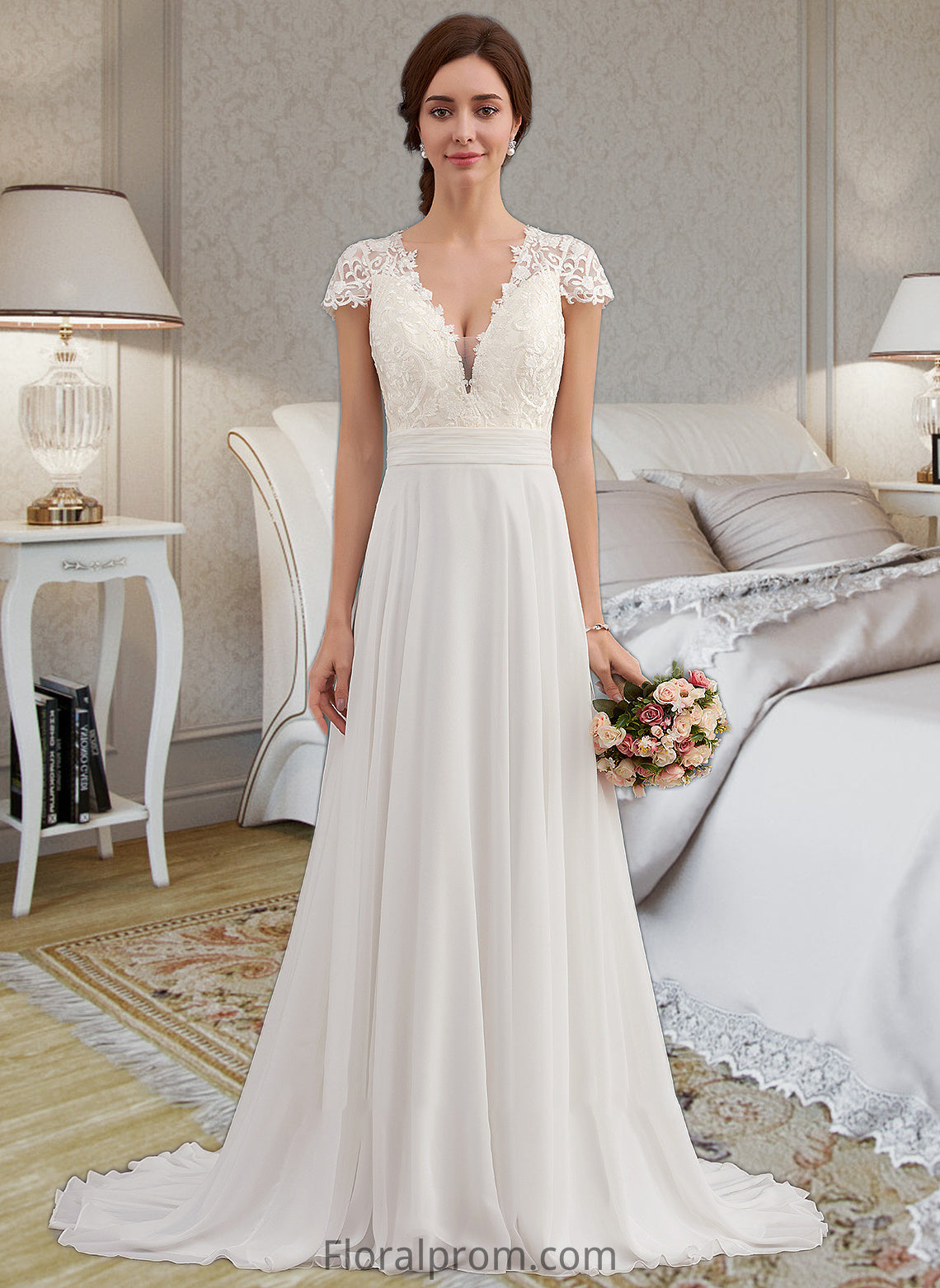 Aniya A-Line V-neck Sweep Train Chiffon Wedding Dress With Ruffle HJP0013761