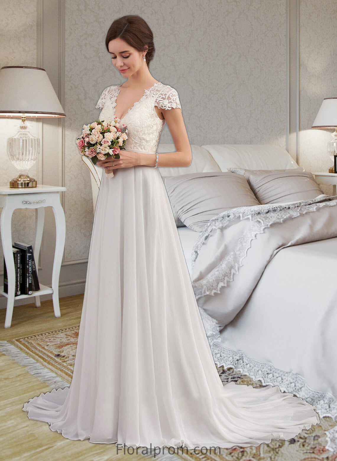 Aniya A-Line V-neck Sweep Train Chiffon Wedding Dress With Ruffle HJP0013761