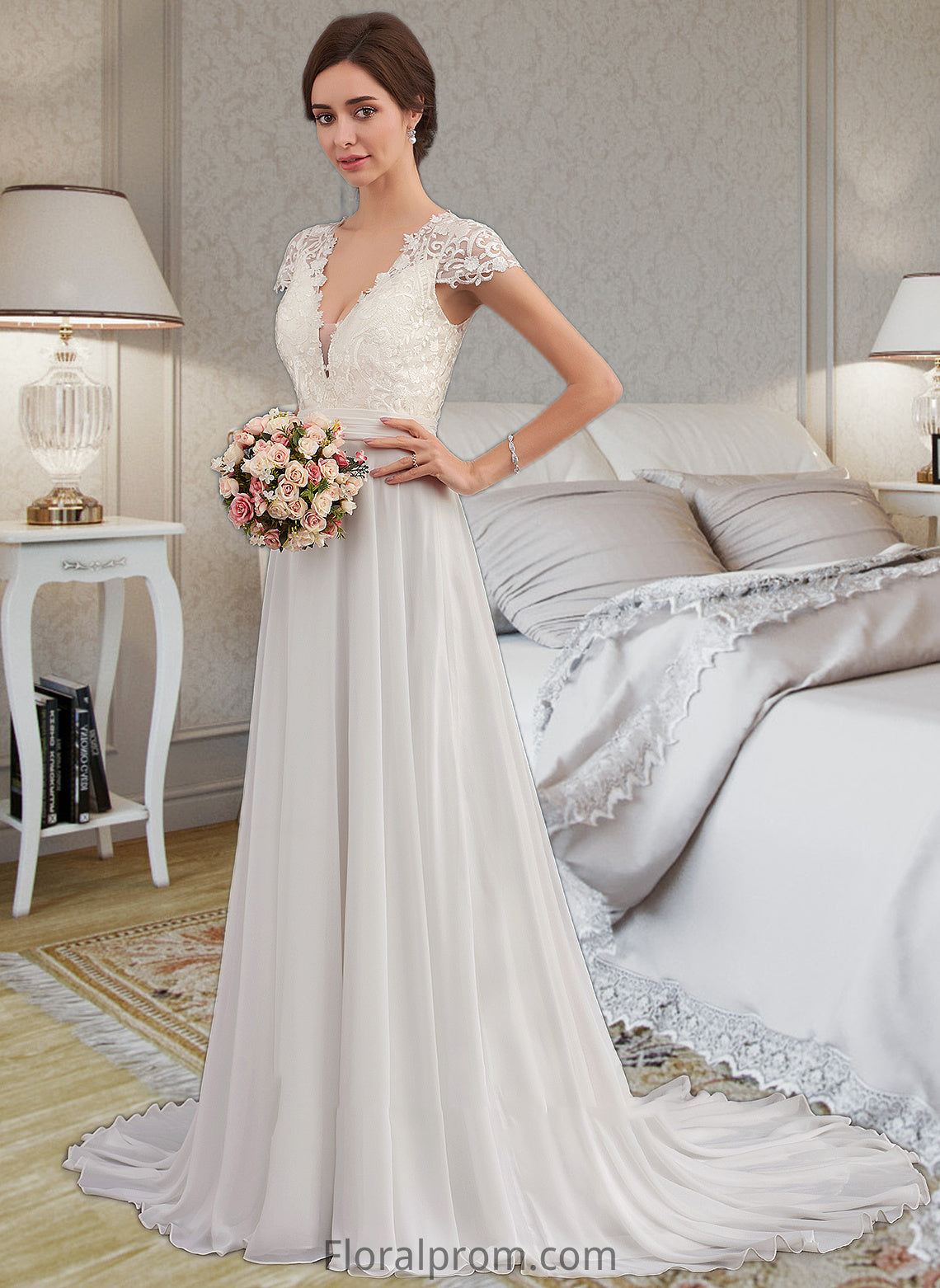 Aniya A-Line V-neck Sweep Train Chiffon Wedding Dress With Ruffle HJP0013761