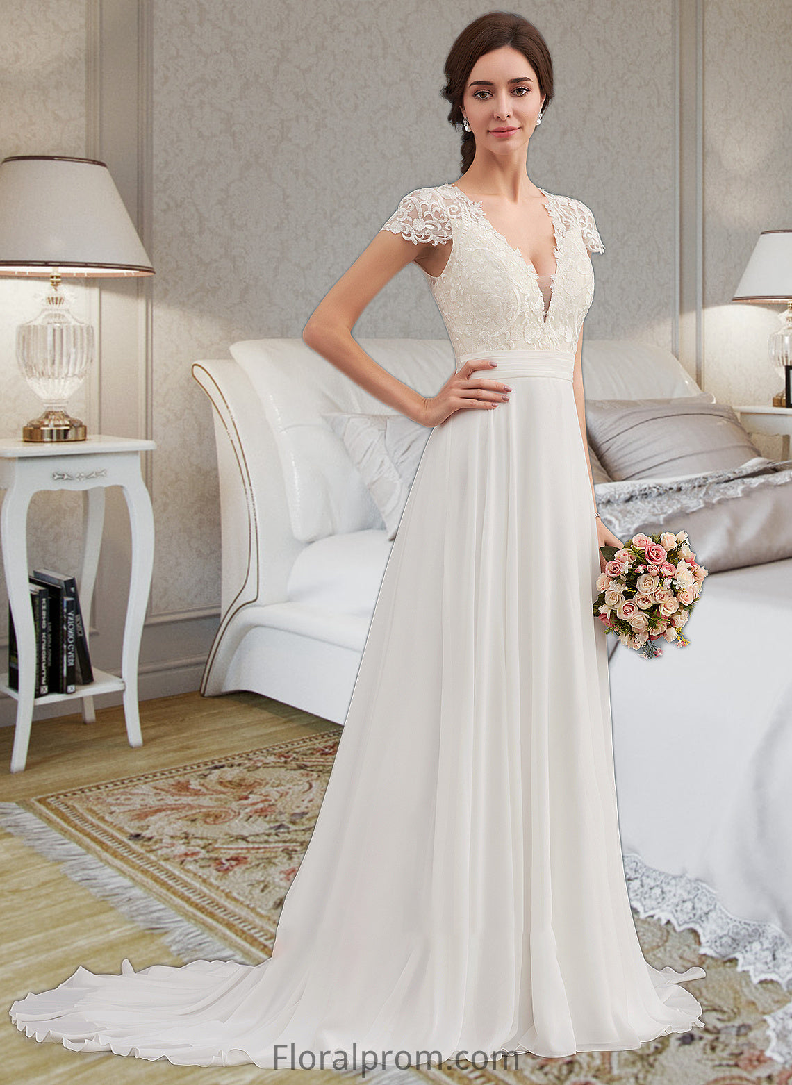 Aniya A-Line V-neck Sweep Train Chiffon Wedding Dress With Ruffle HJP0013761