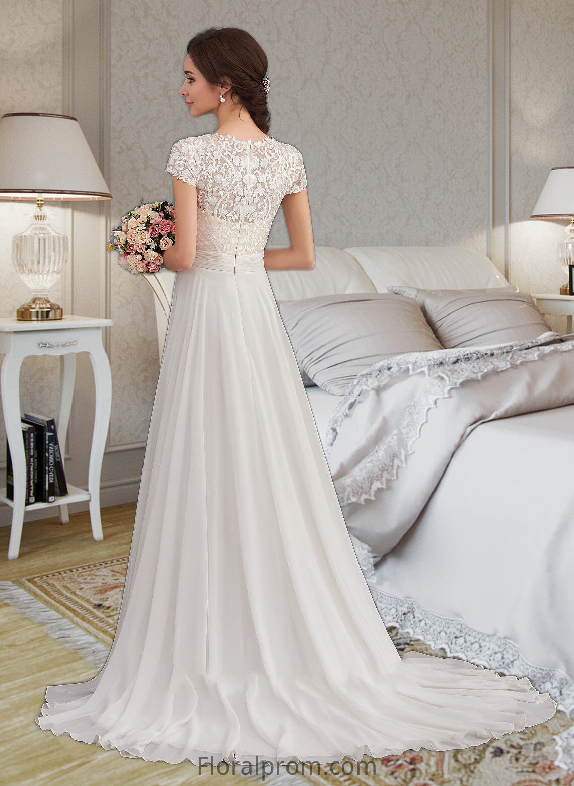 Aniya A-Line V-neck Sweep Train Chiffon Wedding Dress With Ruffle HJP0013761