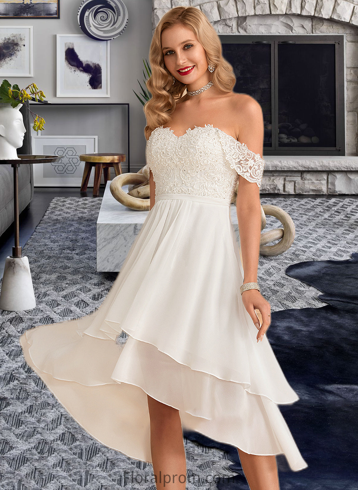 Gwendolyn A-Line Asymmetrical Chiffon Lace Wedding Dress With Beading Sequins HJP0013764