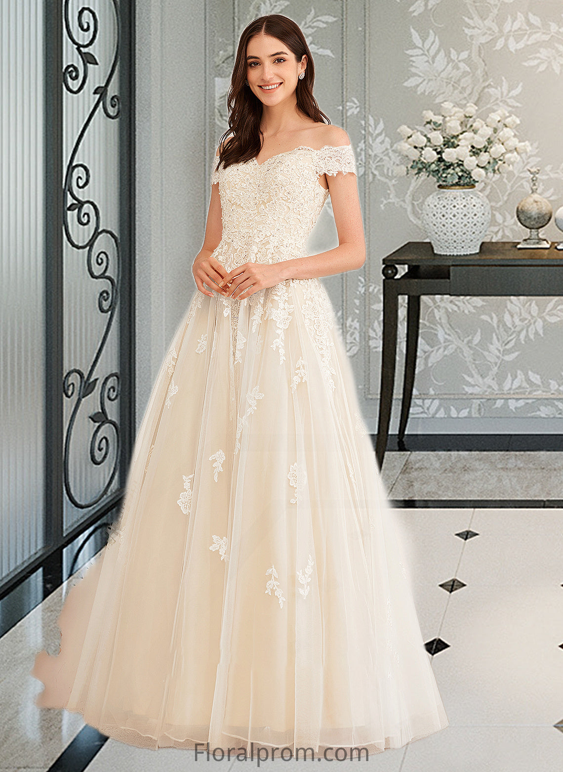 Makena Ball-Gown/Princess Off-the-Shoulder Floor-Length Wedding Dress With Beading Sequins HJP0013765