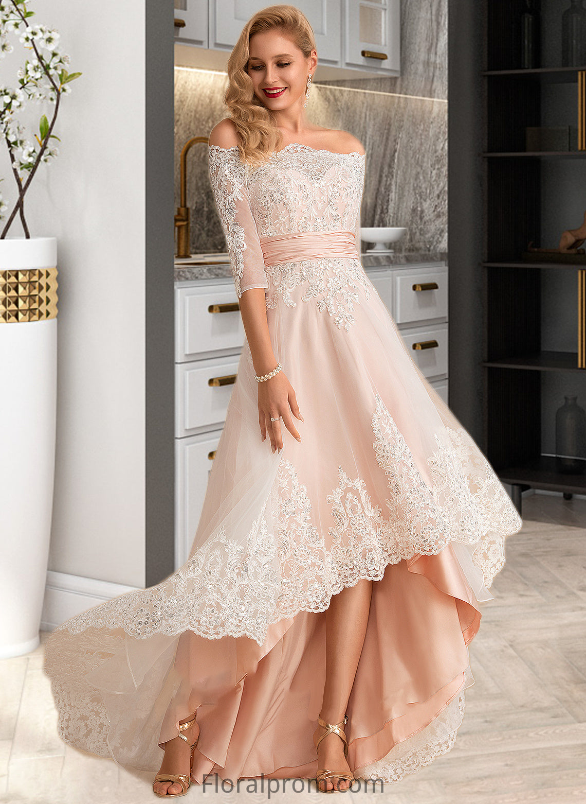 Ursula A-Line Asymmetrical Satin Tulle Lace Wedding Dress With Sequins HJP0013769