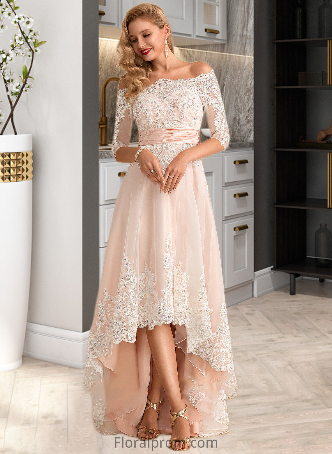 Ursula A-Line Asymmetrical Satin Tulle Lace Wedding Dress With Sequins HJP0013769