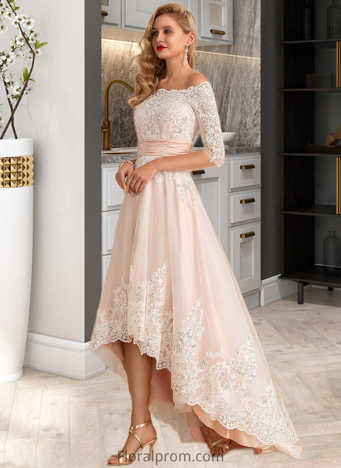 Ursula A-Line Asymmetrical Satin Tulle Lace Wedding Dress With Sequins HJP0013769