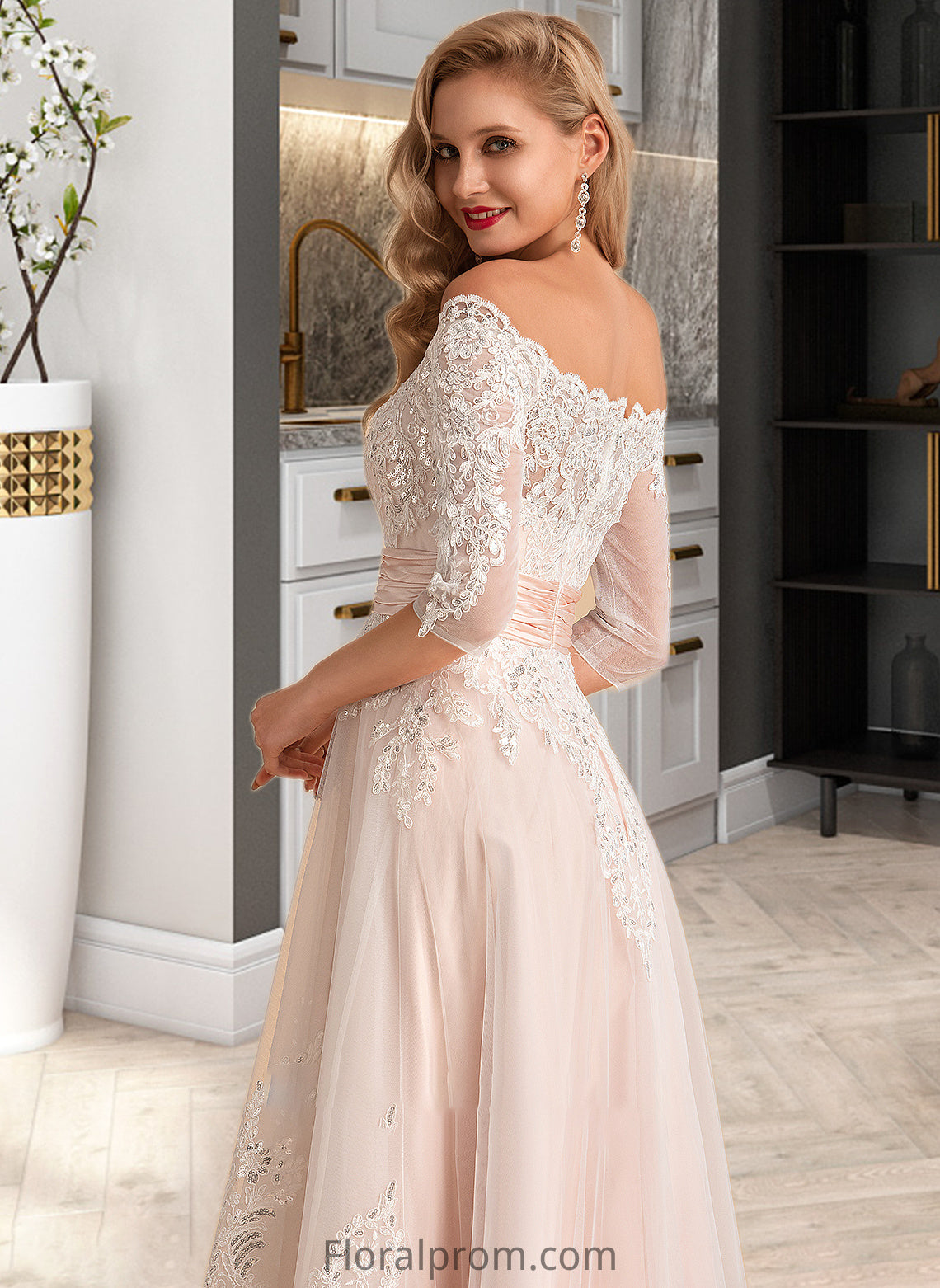 Ursula A-Line Asymmetrical Satin Tulle Lace Wedding Dress With Sequins HJP0013769