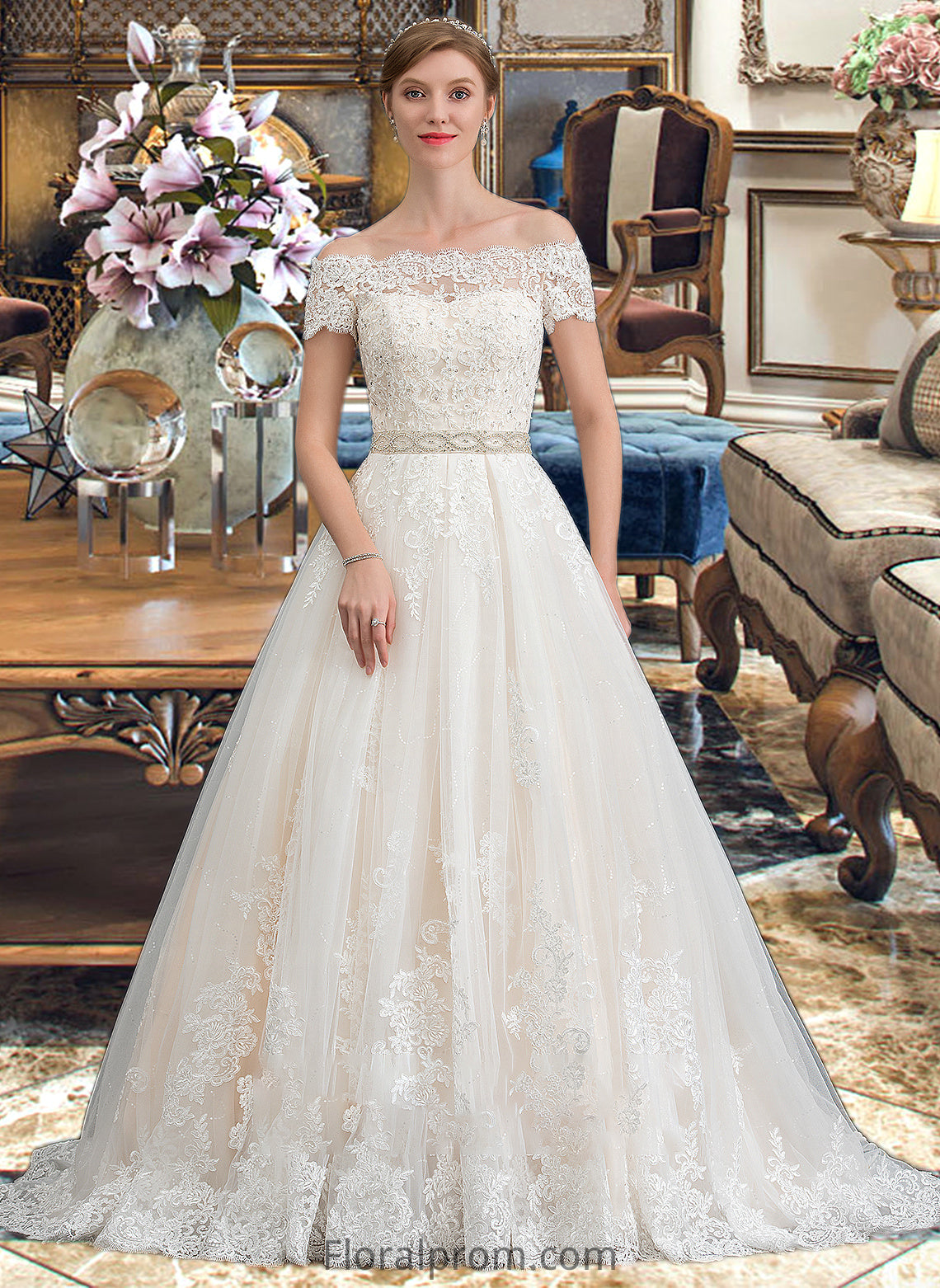 Pru Ball-Gown/Princess Court Train Tulle Wedding Dress With Beading Sequins HJP0013770