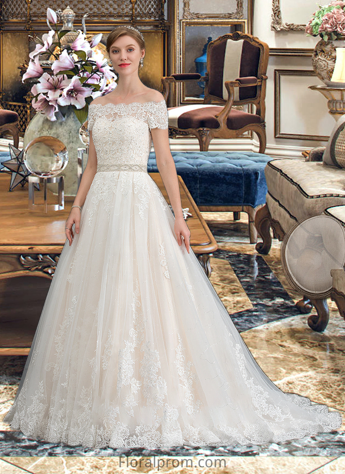 Pru Ball-Gown/Princess Court Train Tulle Wedding Dress With Beading Sequins HJP0013770