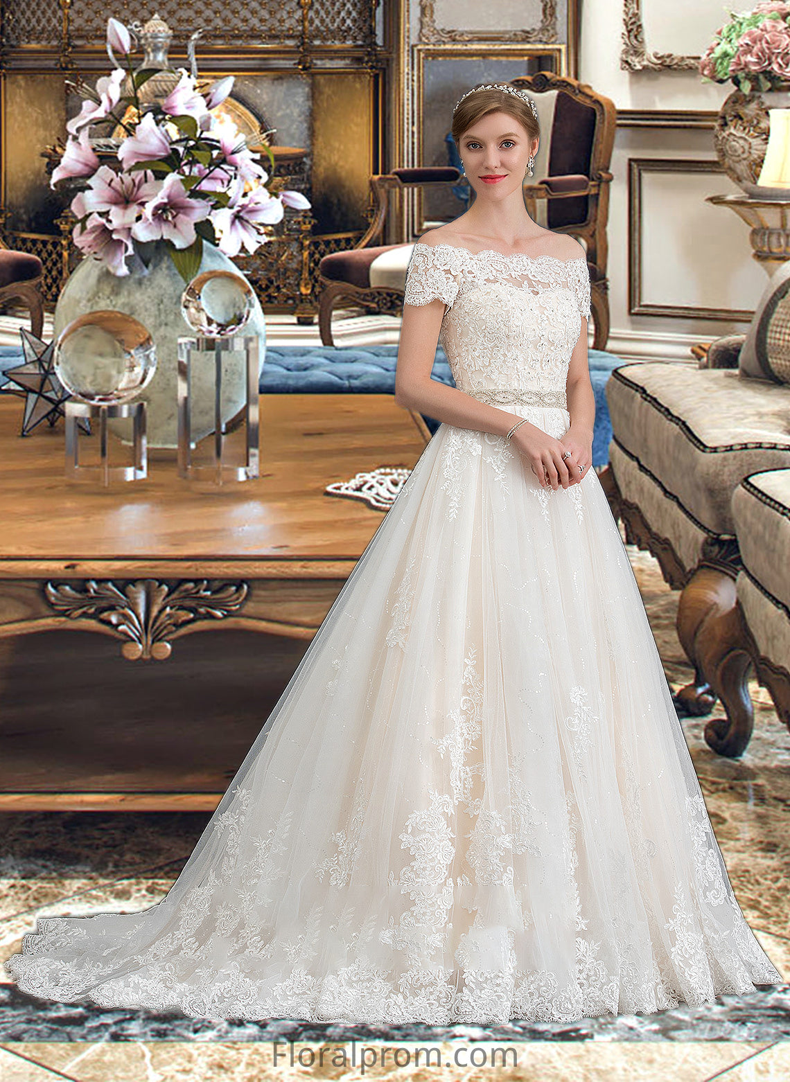 Pru Ball-Gown/Princess Court Train Tulle Wedding Dress With Beading Sequins HJP0013770