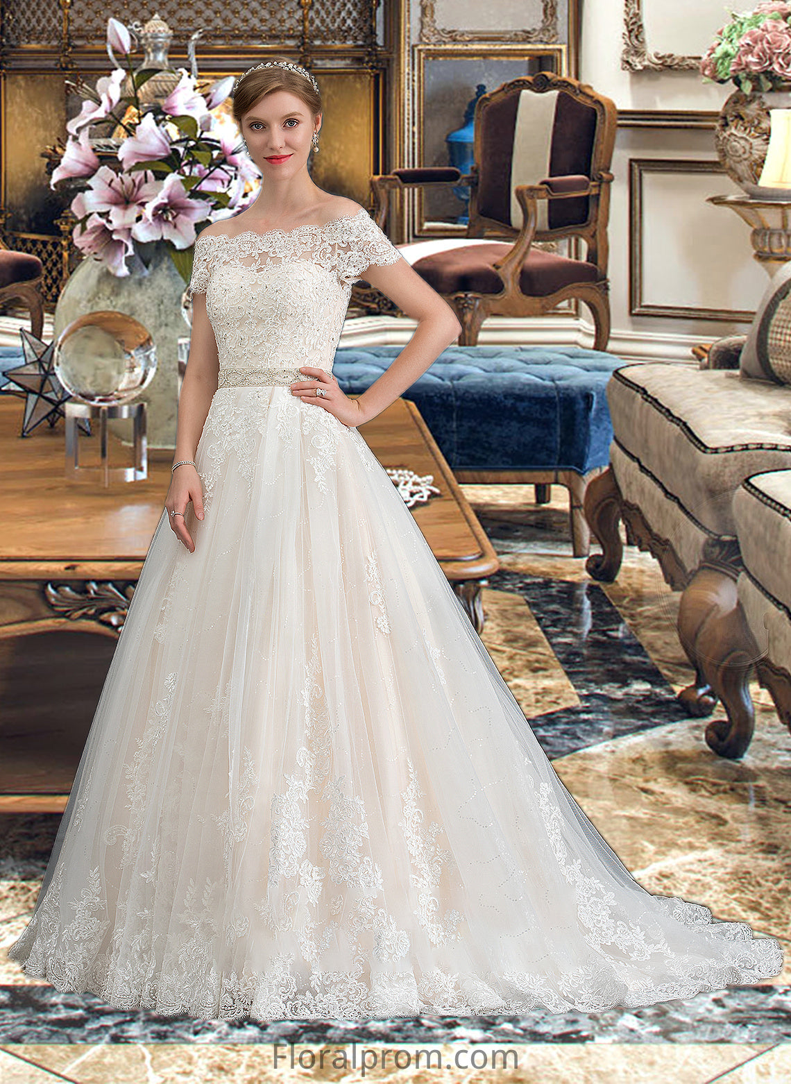 Pru Ball-Gown/Princess Court Train Tulle Wedding Dress With Beading Sequins HJP0013770