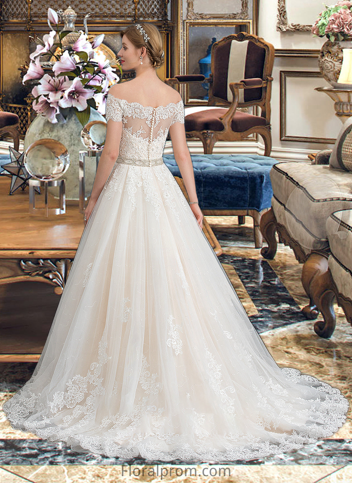 Pru Ball-Gown/Princess Court Train Tulle Wedding Dress With Beading Sequins HJP0013770