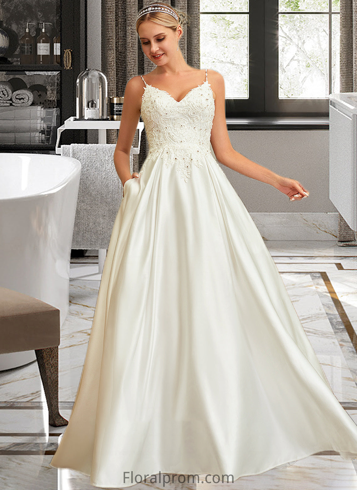 Minnie Ball-Gown/Princess V-neck Sweep Train Satin Lace Wedding Dress With Lace Beading Sequins Pockets HJP0013771