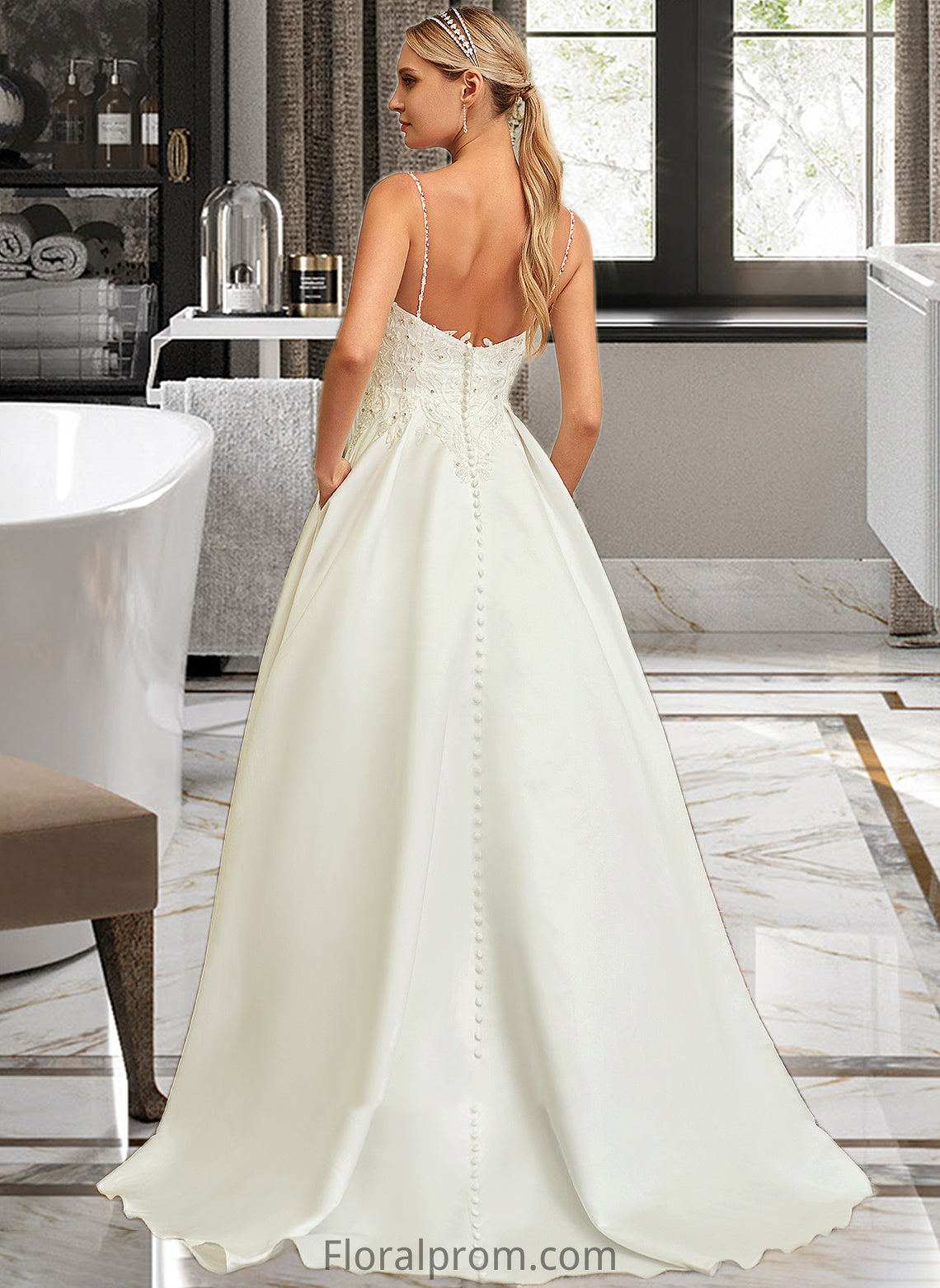 Minnie Ball-Gown/Princess V-neck Sweep Train Satin Lace Wedding Dress With Lace Beading Sequins Pockets HJP0013771