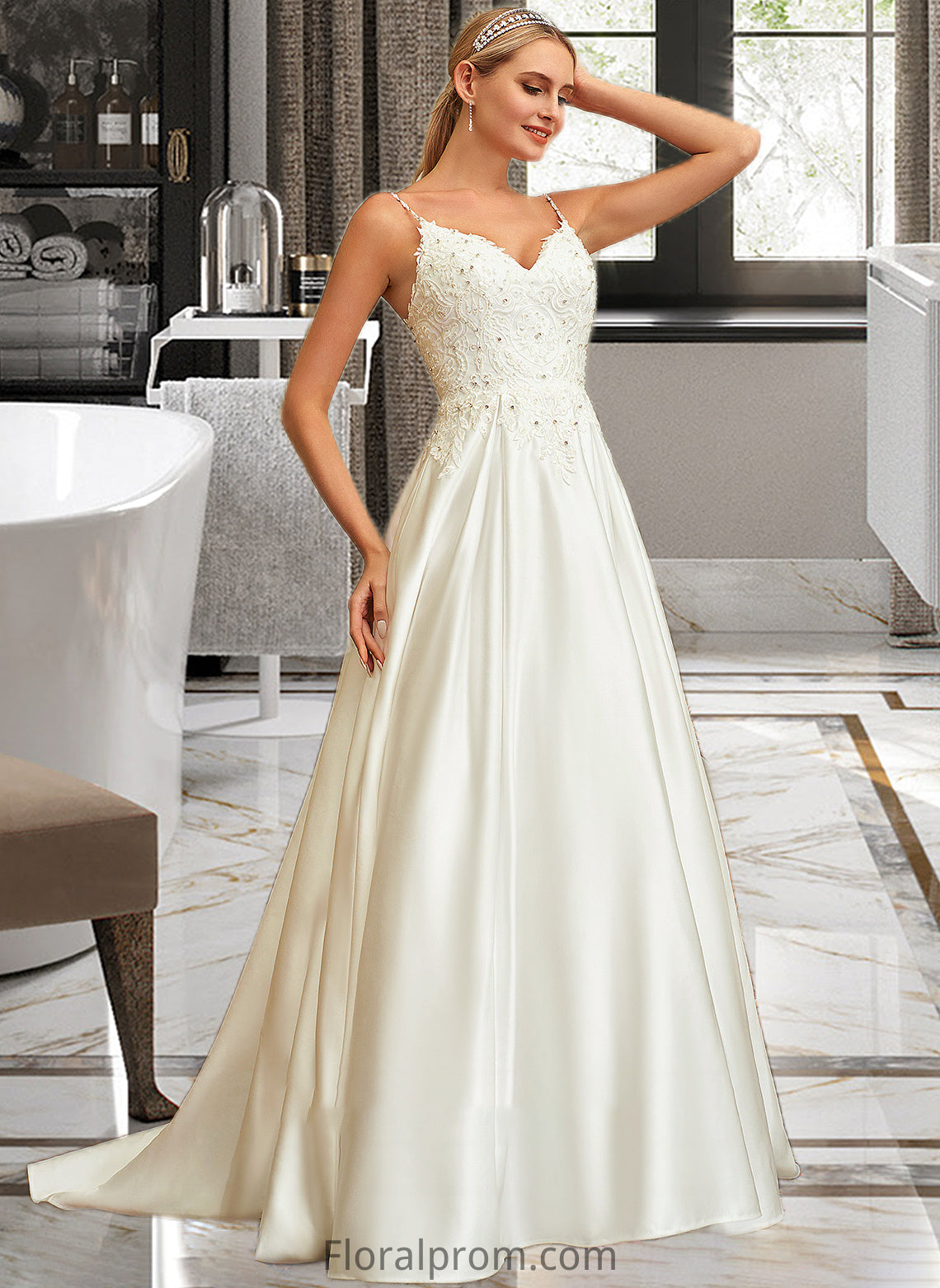 Minnie Ball-Gown/Princess V-neck Sweep Train Satin Lace Wedding Dress With Lace Beading Sequins Pockets HJP0013771