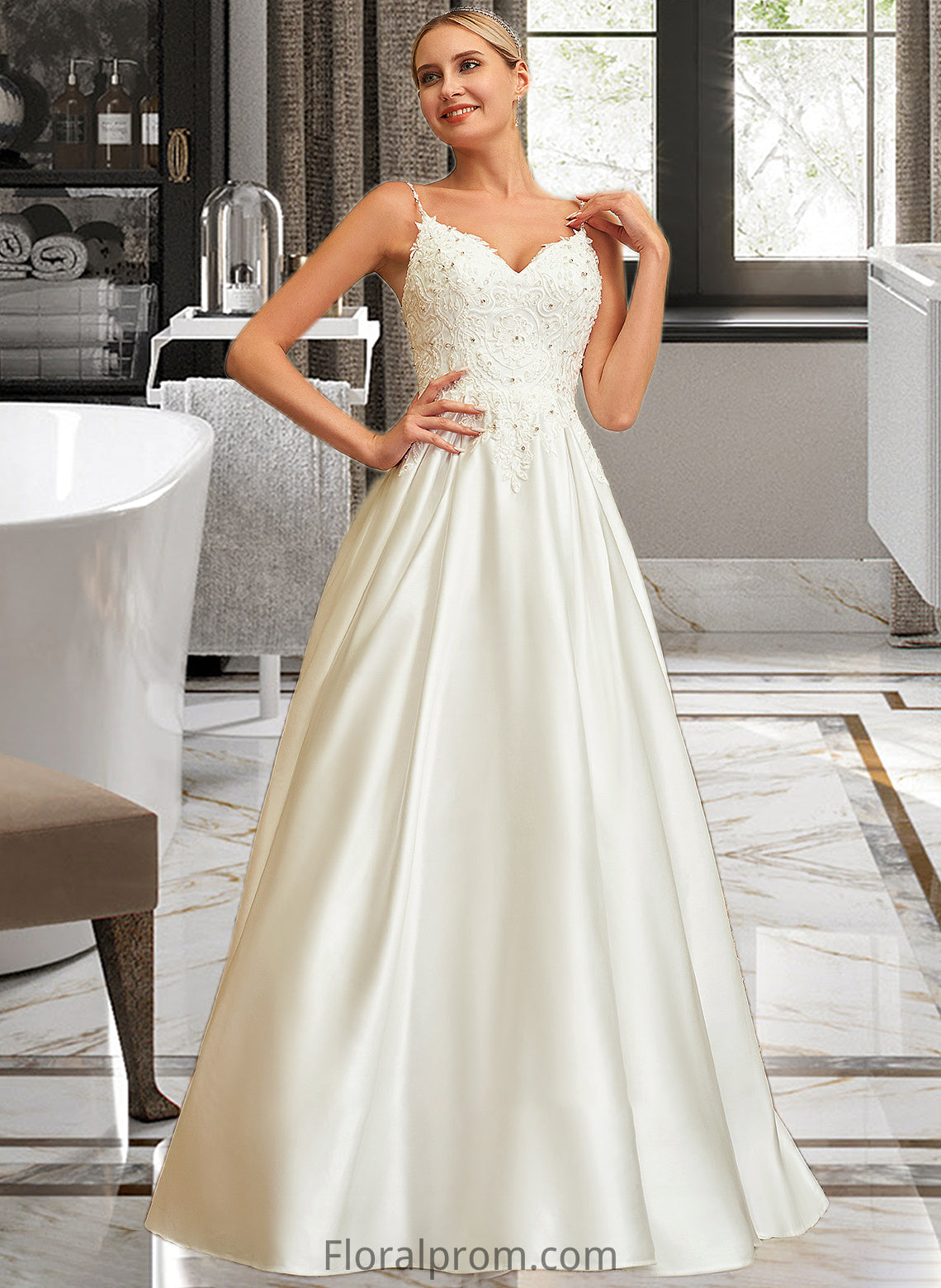 Minnie Ball-Gown/Princess V-neck Sweep Train Satin Lace Wedding Dress With Lace Beading Sequins Pockets HJP0013771